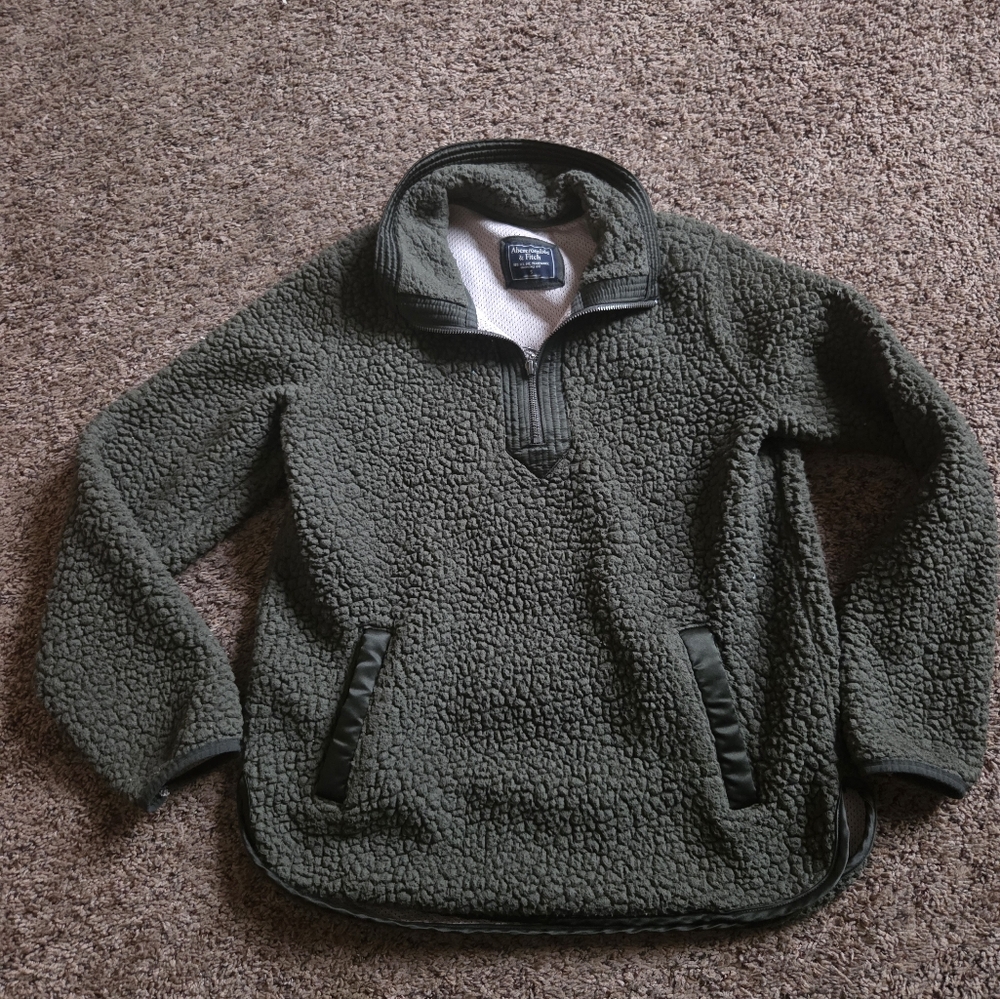 ABERCROMBIE Sweatshirt Womens S Green Teddy Sherpa Pullover Fleece Cozy Oversize
